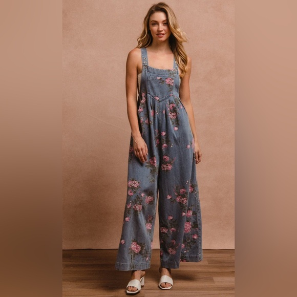 BiBi Floral Denim Jumpsuit/New Wih Tags. - Picture 2 of 9
